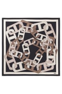 Italian-made scarf in printed silk twill, Brown Patterned