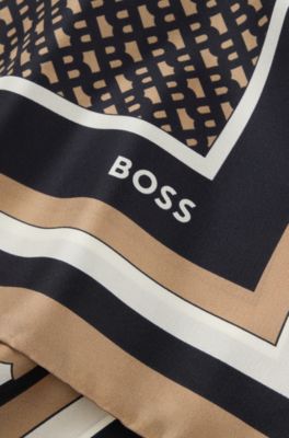 Italian-made scarf in printed silk twill, Beige Patterned