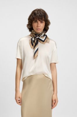 In Itali&euml; vervaardigde sjaal van zijden twill met print, Beige met dessin