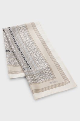 Silk scarf with graphic chain-link motif, Light Beige