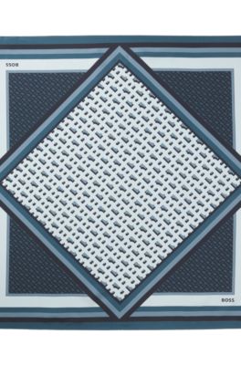 Italian-made scarf in printed silk twill, Blue Patterned