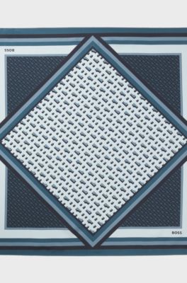 Italian-made scarf in printed silk twill, Blue Patterned