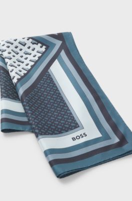 Italian-made scarf in printed silk twill, Blue Patterned