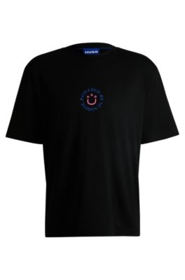 ユニセックス！【Hugo Boss】HAPPY HUGO Tシャツ HUGO - Cotton-jersey T-shirt with Happy HUGO logo - Black