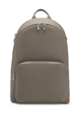 Grained Italian-leather backpack with embossed logo, Khaki