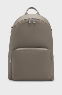 Grained Italian-leather backpack with embossed logo, Khaki