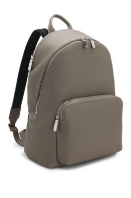 Grained Italian-leather backpack with embossed logo, Khaki
