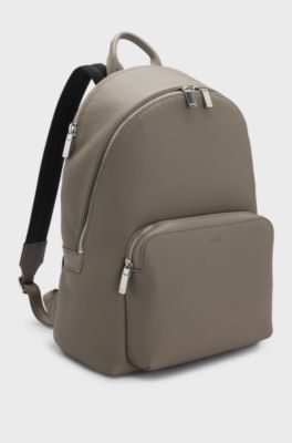 Grained Italian-leather backpack with embossed logo, Khaki