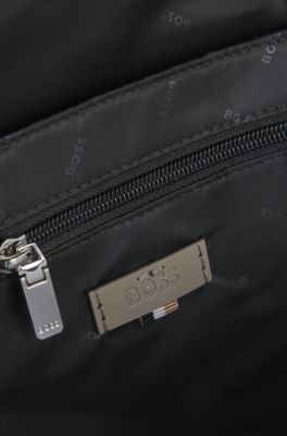 Grained Italian-leather backpack with embossed logo, Khaki