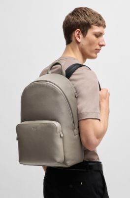 Grained Italian-leather backpack with embossed logo, Khaki