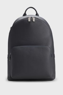 Grained Italian-leather backpack with embossed logo, Dark Blue