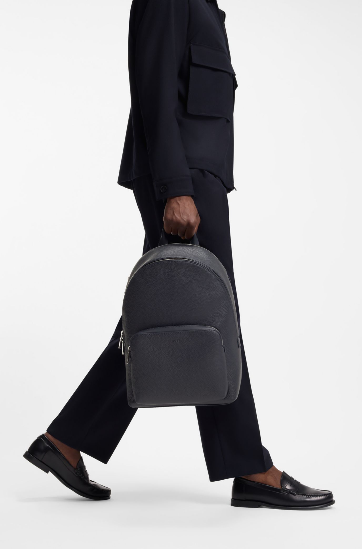 BOSS - Grained Italian-leather backpack with embossed logo - Dark Blue
