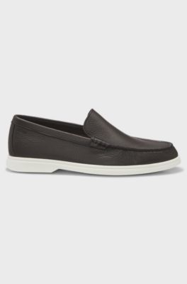 Tumbled-leather moccasins with logo detail, Dark Brown