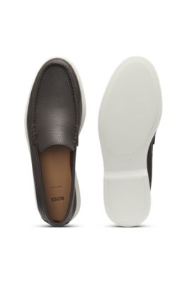 Tumbled-leather moccasins with logo detail, Dark Brown