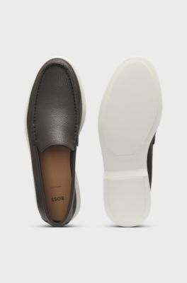 Tumbled-leather moccasins with logo detail, Dark Brown