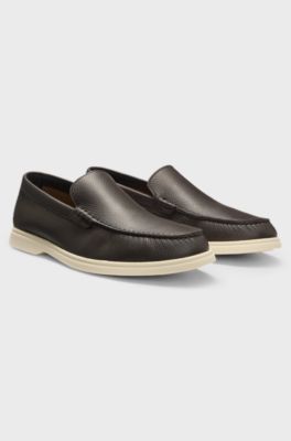 Mocassins en cuir foulonn&eacute; avec logo, Marron fonc&eacute;