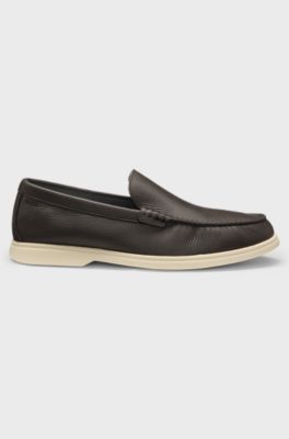 Tumbled-leather moccasins with logo detail, Dark Brown