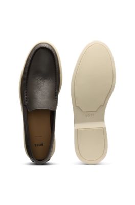 Tumbled-leather moccasins with logo detail, Dark Brown