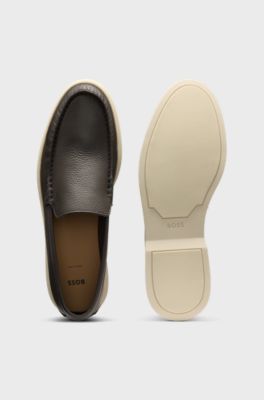 Mocassins en cuir foulonn&eacute; avec logo, Marron fonc&eacute;