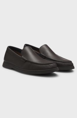 Tumbled-leather moccasins with logo detail, Dark Brown