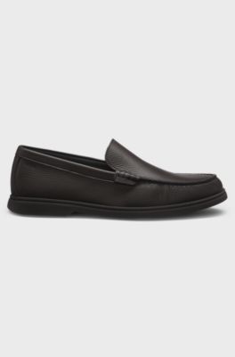 Tumbled-leather moccasins with logo detail, Dark Brown