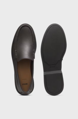 Tumbled-leather moccasins with logo detail, Dark Brown