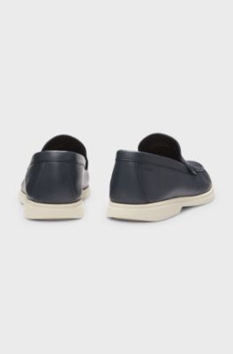 Tumbled-leather moccasins with logo detail, Dark Blue