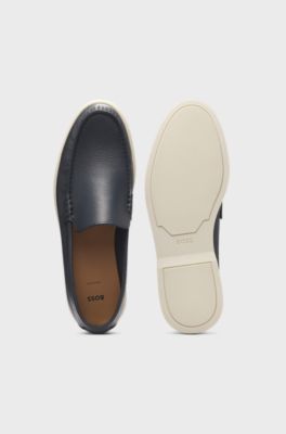 Tumbled-leather moccasins with logo detail, Dark Blue