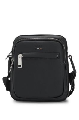 Grained faux-leather reporter bag with embossed logo, Black