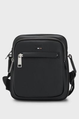 Grained faux-leather reporter bag with embossed logo, Black