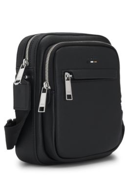 Grained faux-leather reporter bag with embossed logo, Black