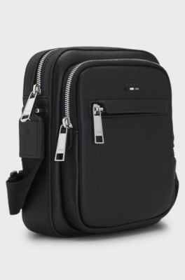 Grained faux-leather reporter bag with embossed logo, Black