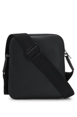 Grained faux-leather reporter bag with embossed logo, Black