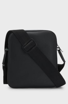 Grained faux-leather reporter bag with embossed logo, Black