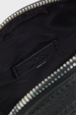 Grained faux-leather reporter bag with embossed logo, Black