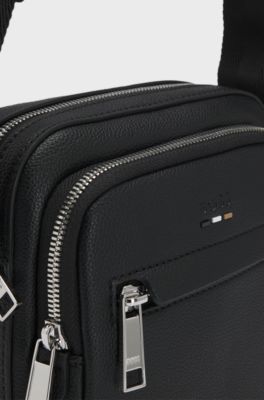 Grained faux-leather reporter bag with embossed logo, Black