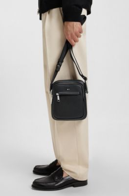 Grained faux-leather reporter bag with embossed logo, Black