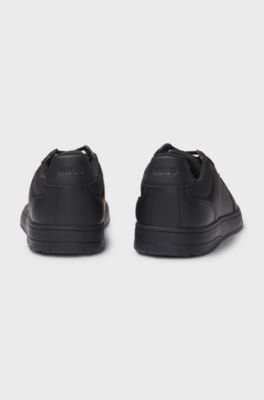 Faux-leather lace-up trainers with logo details, Black