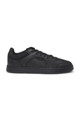 Faux-leather lace-up trainers with logo details, Black