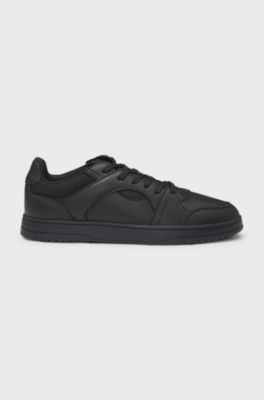 Faux-leather lace-up trainers with logo details, Black