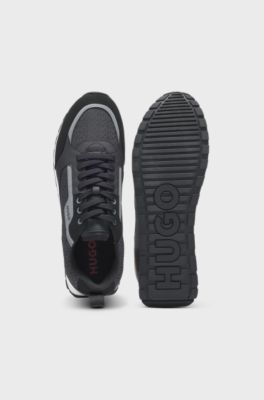 Mixed-material lace-up trainers with monogrammed upper, Black