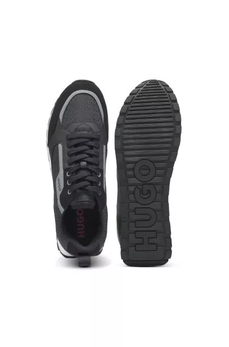 Mixed-material lace-up trainers with monogrammed upper