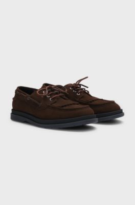 Suede moccasins with fringe trim, Dark Brown
