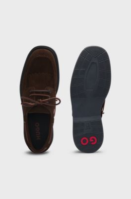 Suede moccasins with fringe trim, Dark Brown