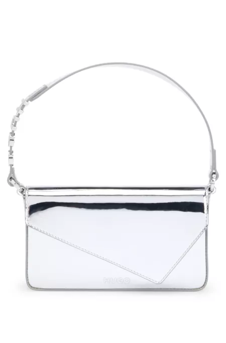 Glossy silver-tone clutch bag with logo-trimmed handle
