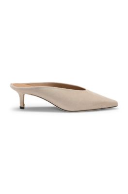 Suede mules with kitten heel and Double B monogram, Light Beige