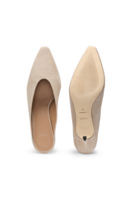 Suede mules with kitten heel and Double B monogram, Light Beige