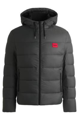 Hugo Slim-fit Water-repellent Puffer Jacket With Logo Trim In Black