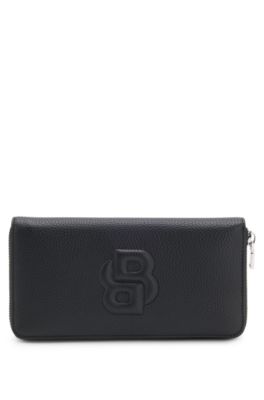 Grained ziparound wallet with padded Double B monogram, Black
