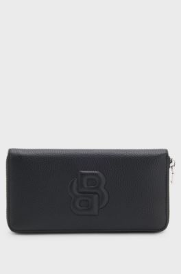 Grained ziparound wallet with padded Double B monogram, Black